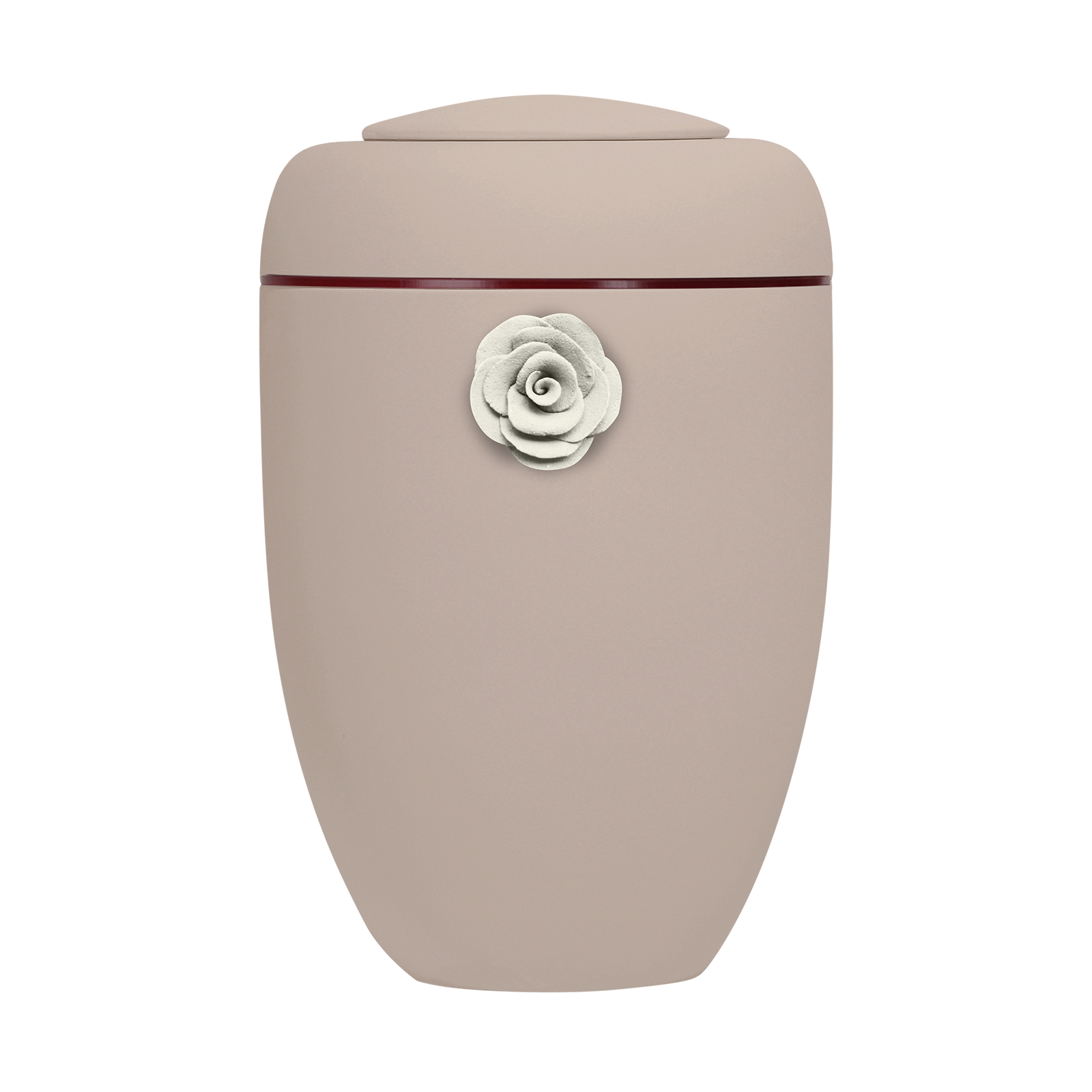 Oxidrote Symbol-Urne mit weißer Tonrose und roter Plexiglasscheibe